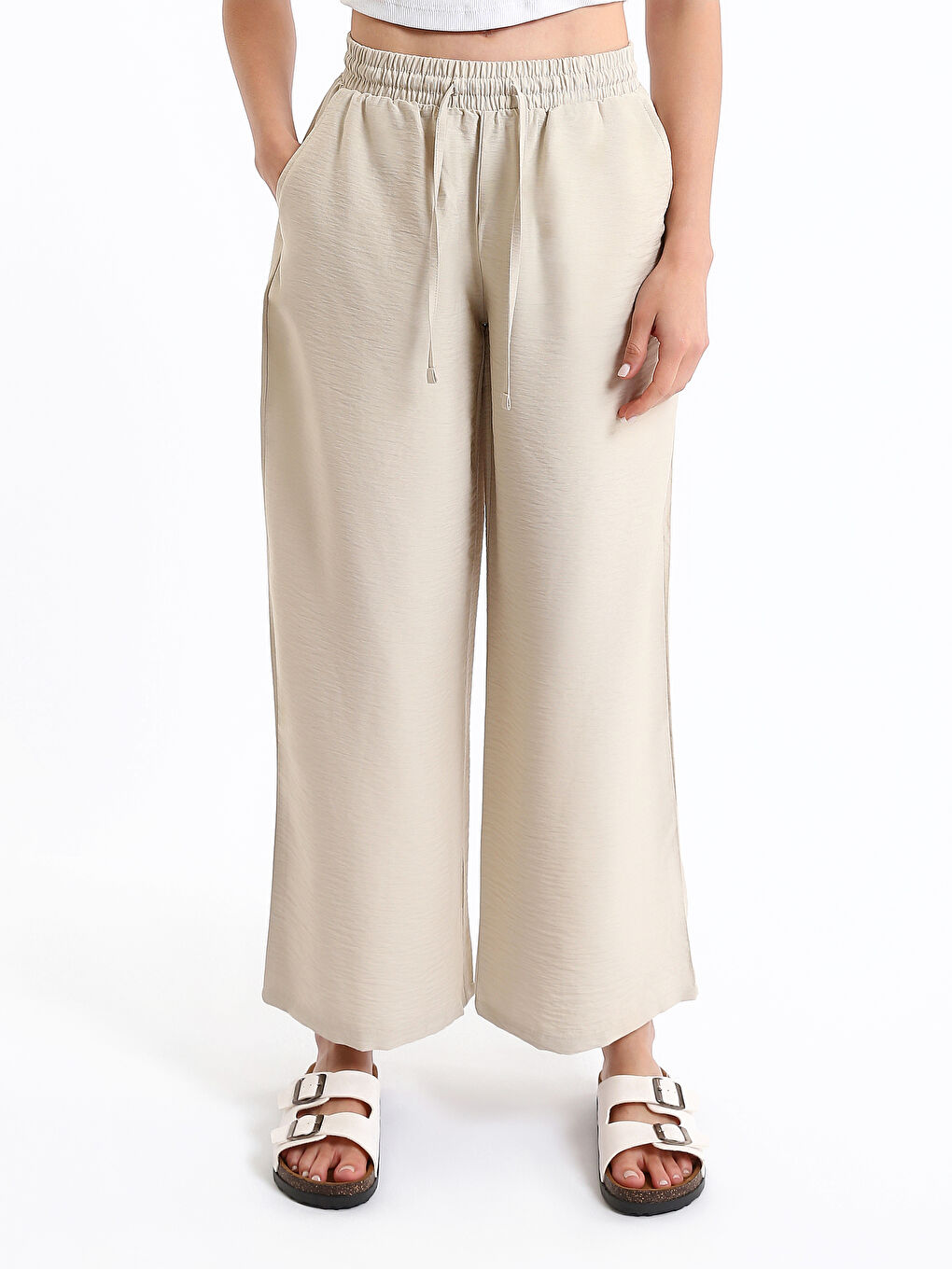 Elasticated Waist Plain Wide Leg Women's Trousers-2