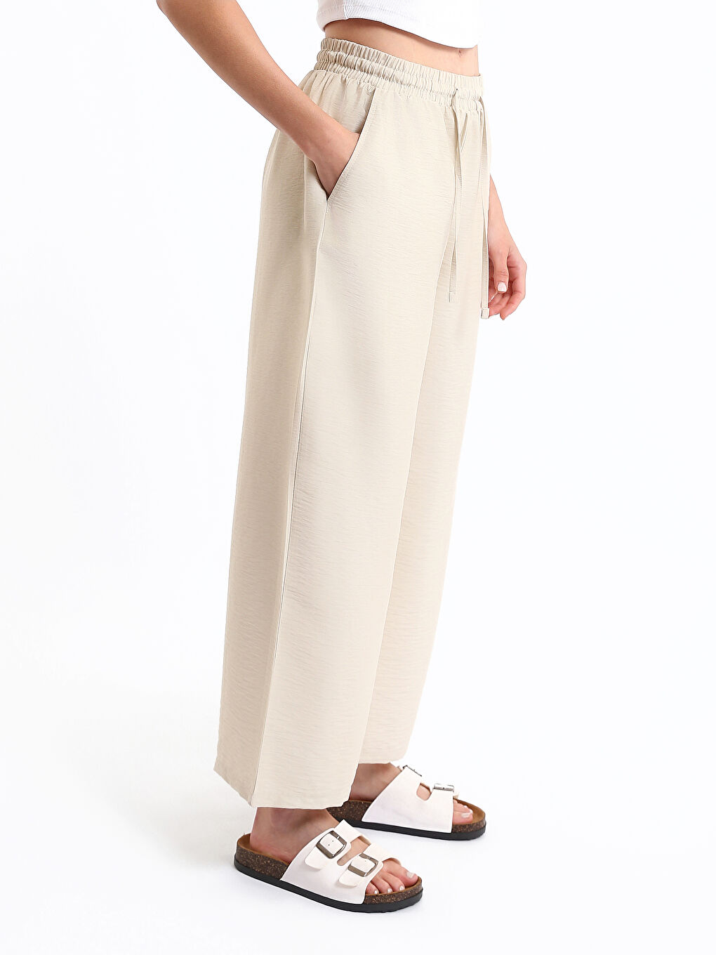 Elasticated Waist Plain Wide Leg Women's Trousers-5