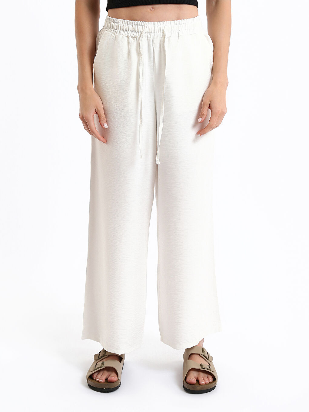 بنطلون واسع الأرجل سادة بخصر مطاطي للسيدات-2