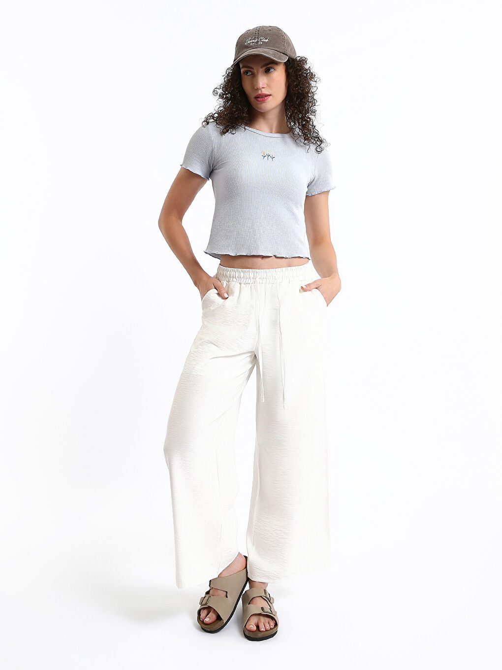 بنطلون واسع الأرجل سادة بخصر مطاطي للسيدات-1