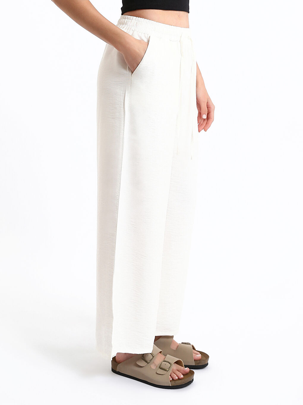 بنطلون واسع الأرجل سادة بخصر مطاطي للسيدات-5