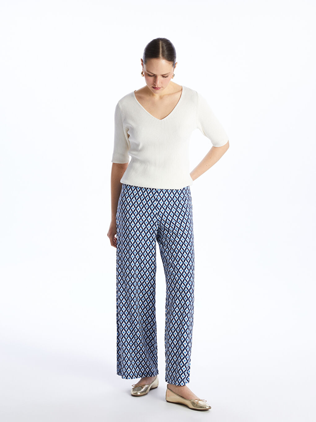 LCW Modest Elasticated Waist Patterned Women's Palazzo Trousers -S4AU68Z8-LQQ