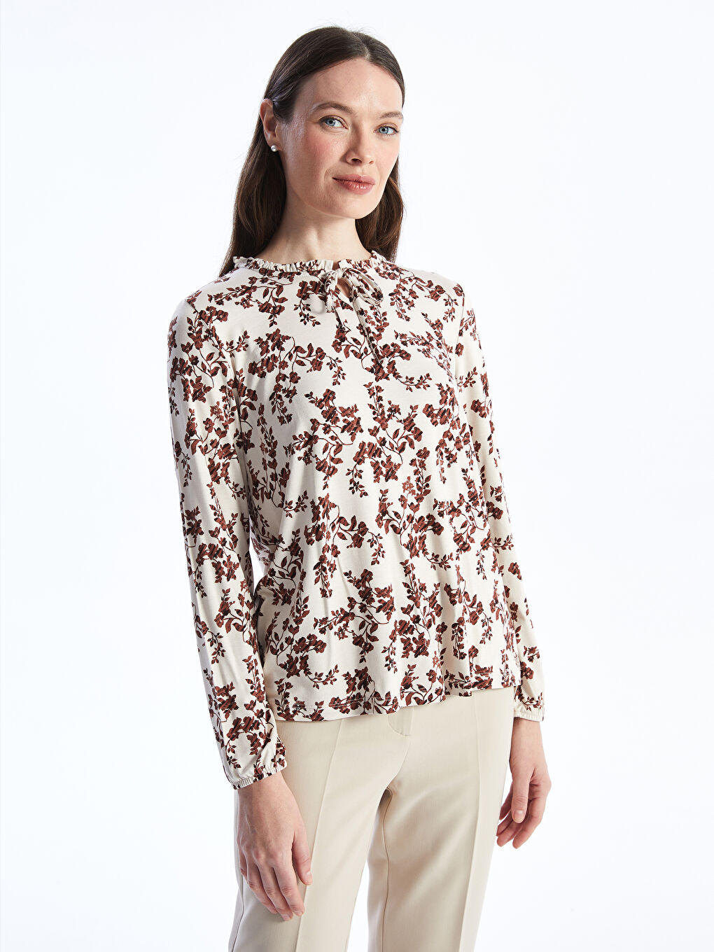 Tie Neck Floral Long Sleeve Women's Blouse
