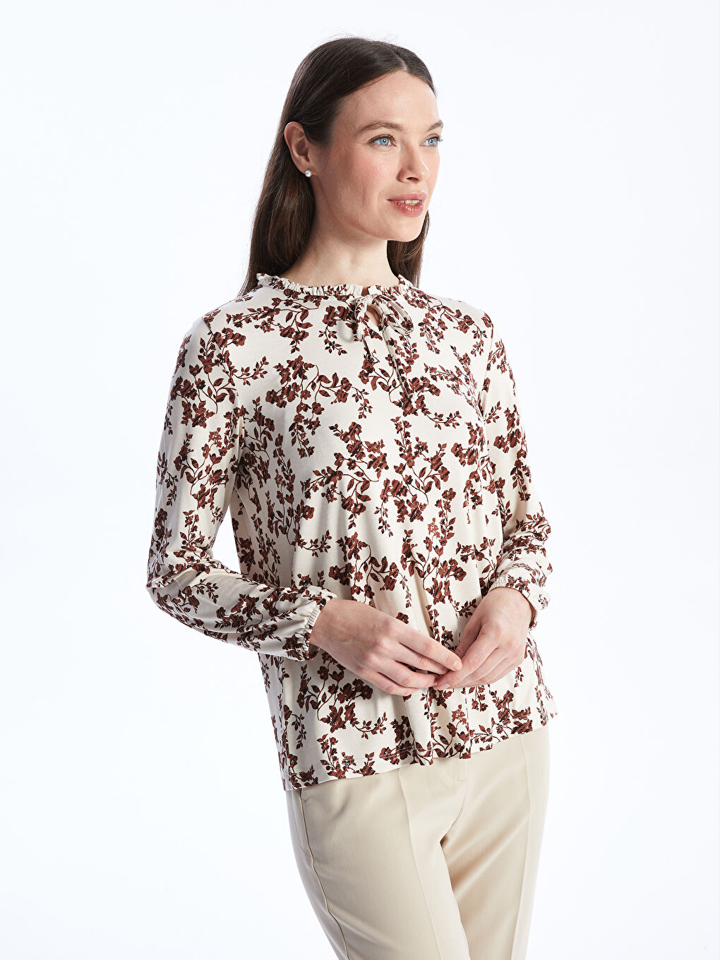 Tie Neck Floral Long Sleeve Women's Blouse-1