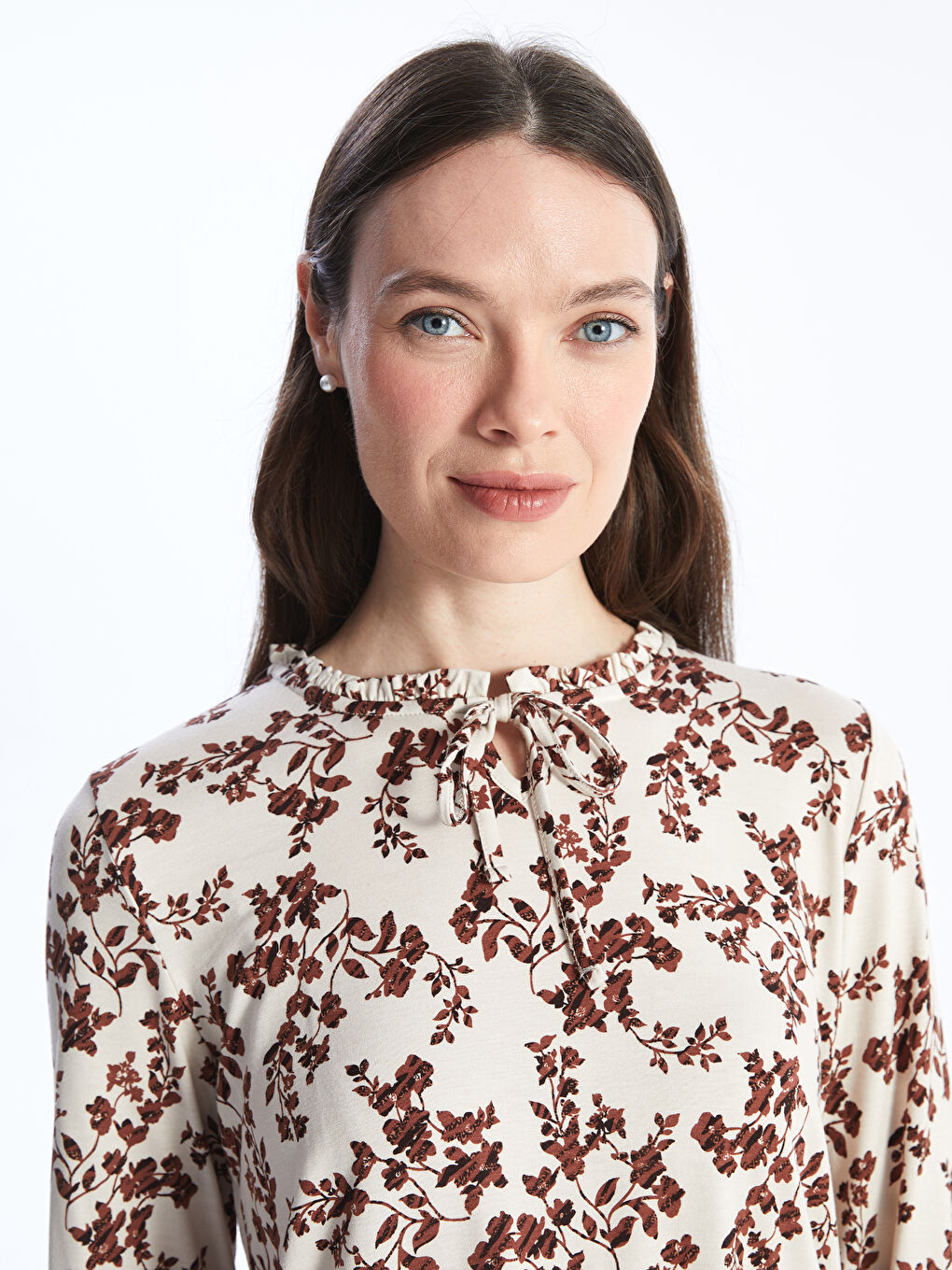 Tie Neck Floral Long Sleeve Women's Blouse-2