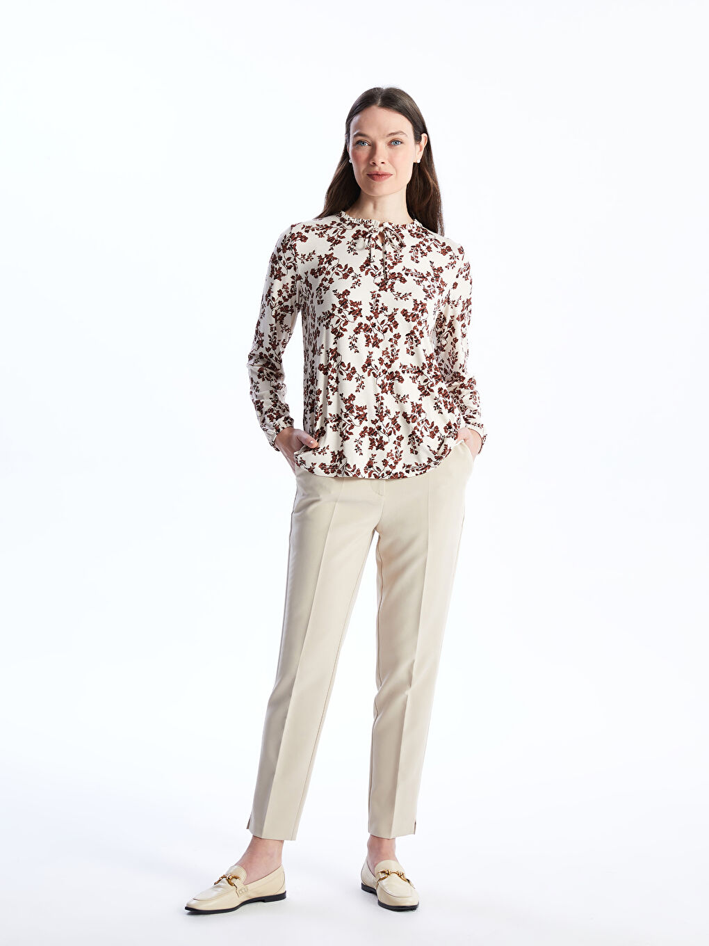 Tie Neck Floral Long Sleeve Women's Blouse-3