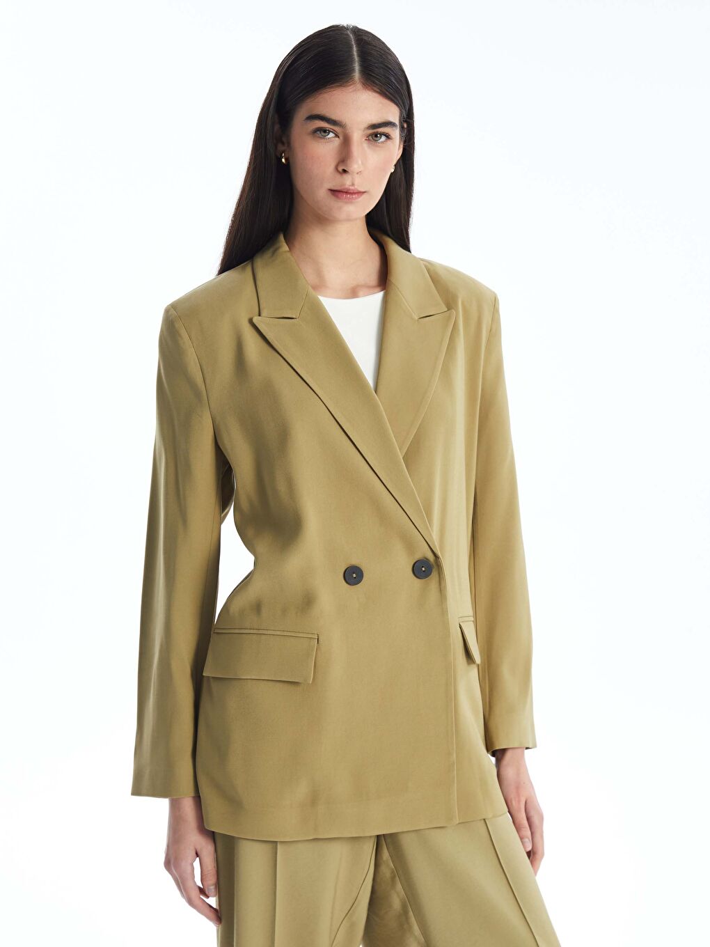 Haki Düz Uzun Kollu Kadın Blazer Ceket