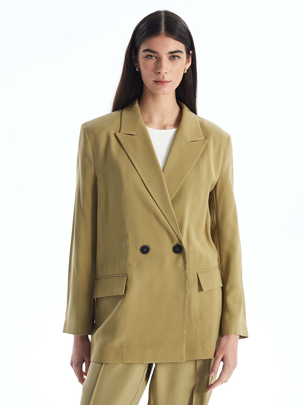 Haki Düz Uzun Kollu Kadın Blazer Ceket-2