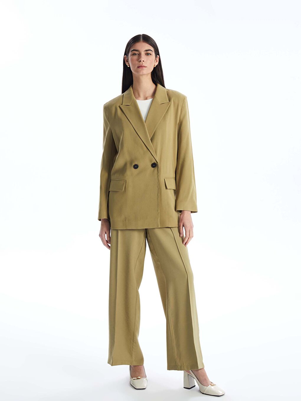 Haki Düz Uzun Kollu Kadın Blazer Ceket-4