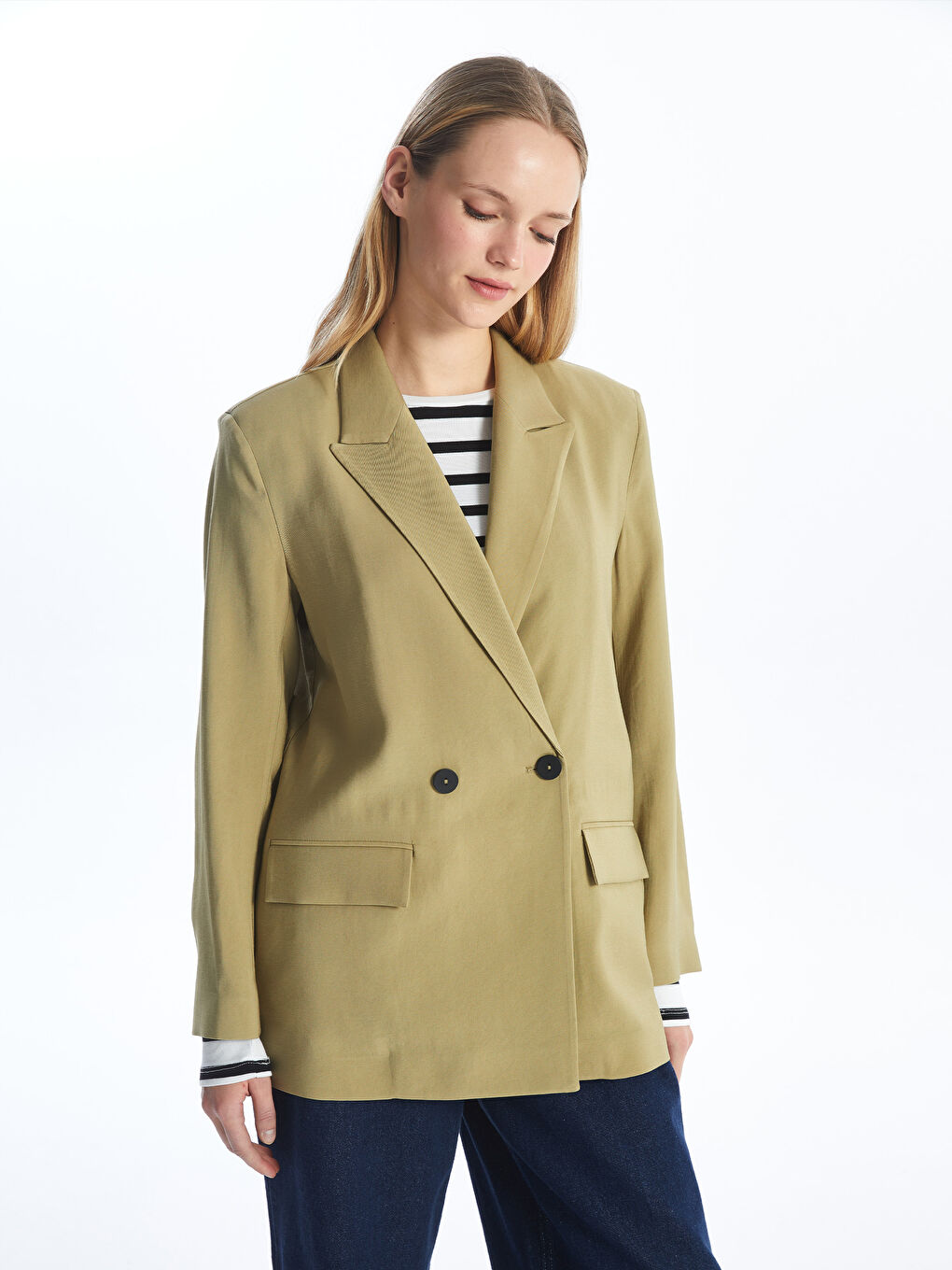 Haki Düz Uzun Kollu Kadın Blazer Ceket-1