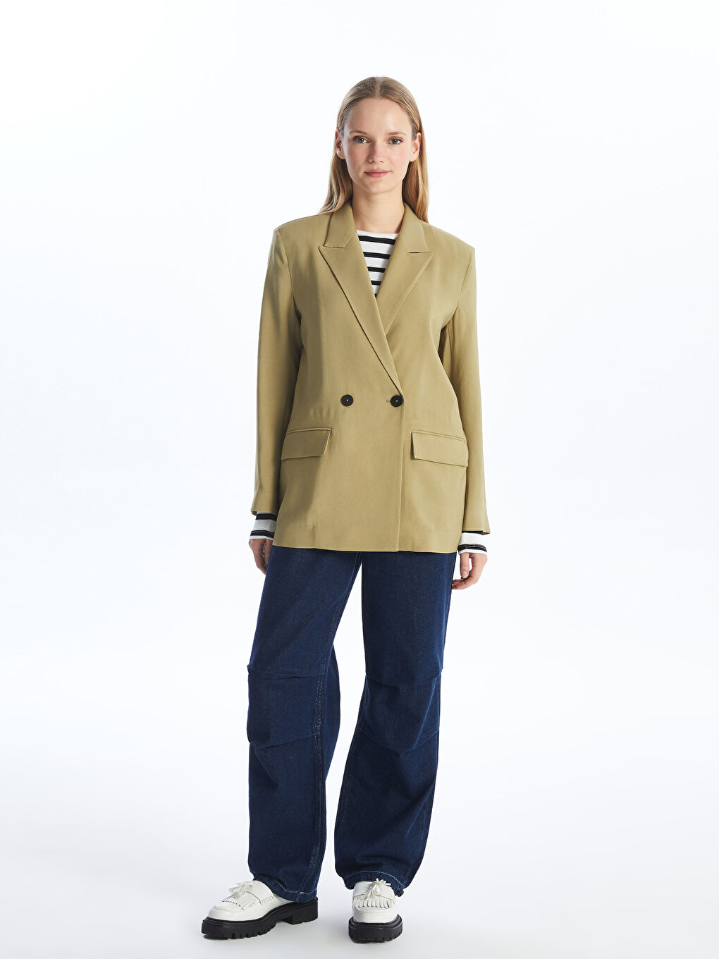 Haki Düz Uzun Kollu Kadın Blazer Ceket-5