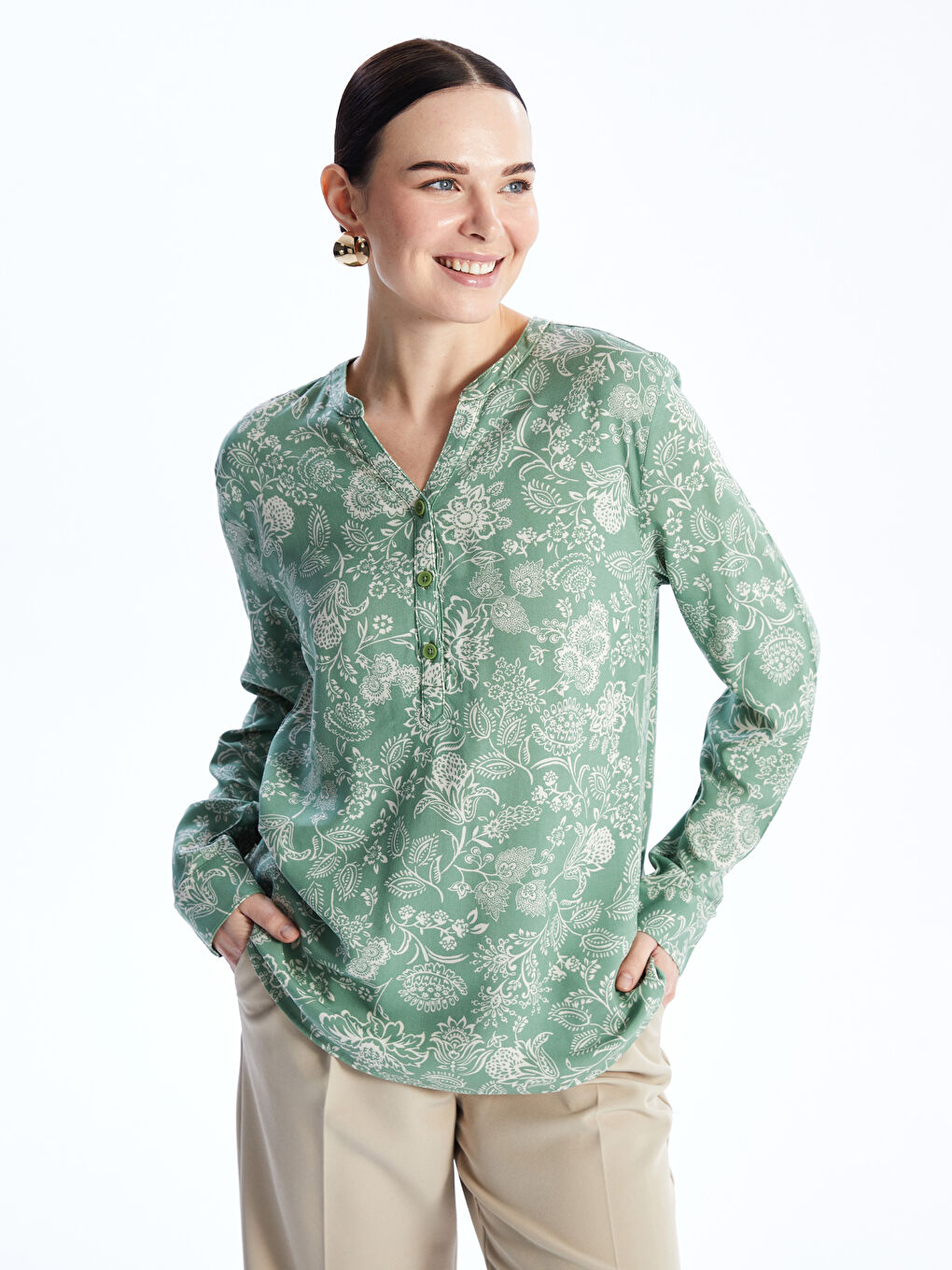 Blouse pour Femmes à Encolure en V échancré, Manches Longues, Motif Floral