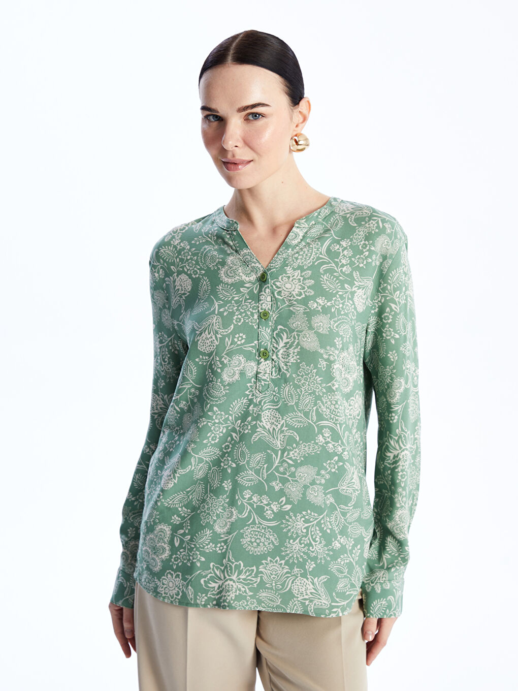 Blouse pour Femmes à Encolure en V échancré, Manches Longues, Motif Floral-1