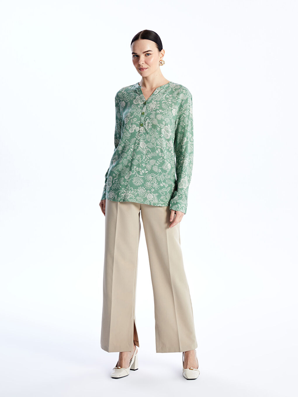 Blouse pour Femmes à Encolure en V échancré, Manches Longues, Motif Floral-2