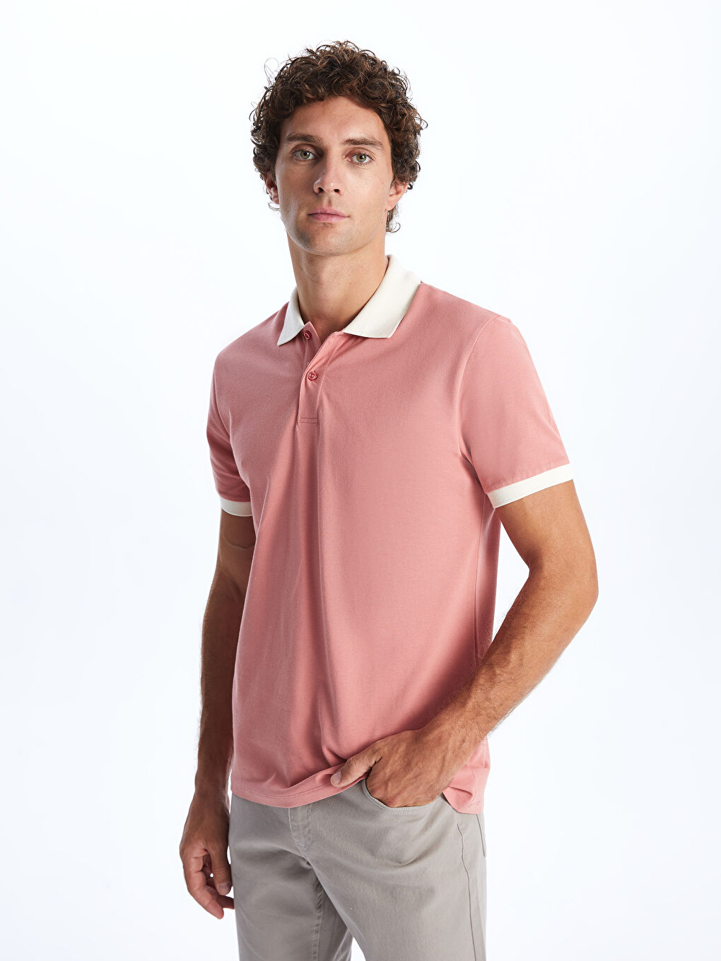 Pembe Polo Yaka Kısa Kollu Pike Erkek Tişört-1