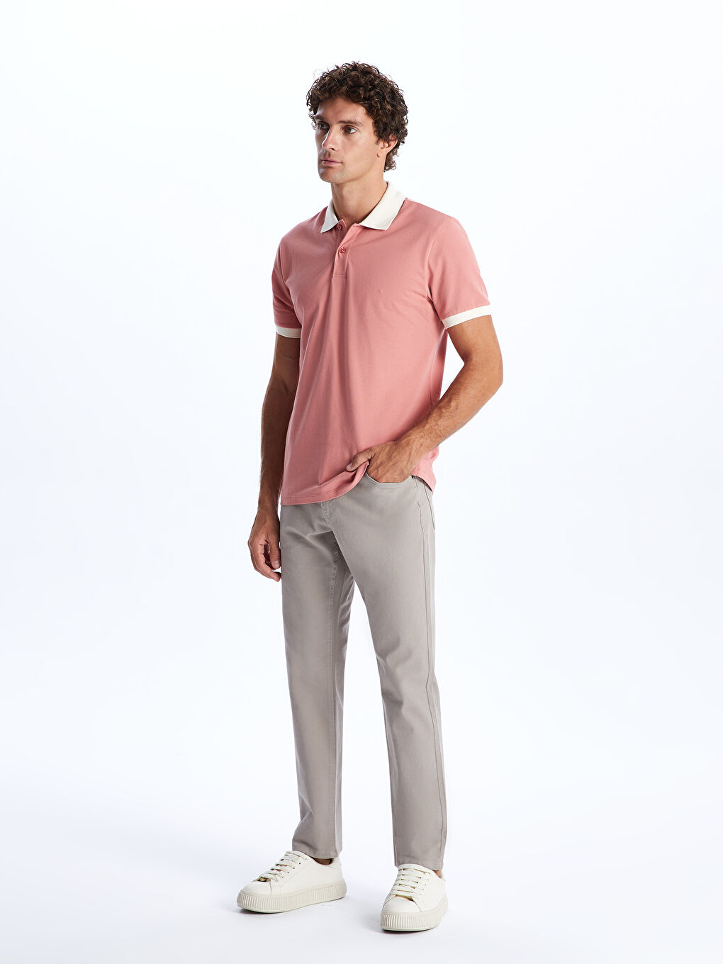 Pembe Polo Yaka Kısa Kollu Pike Erkek Tişört-2