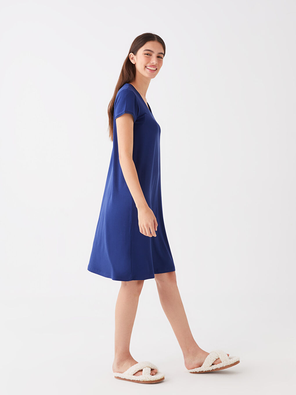 V-подібний виріз Простий Короткий рукав Нічна сорочка для жінок-1