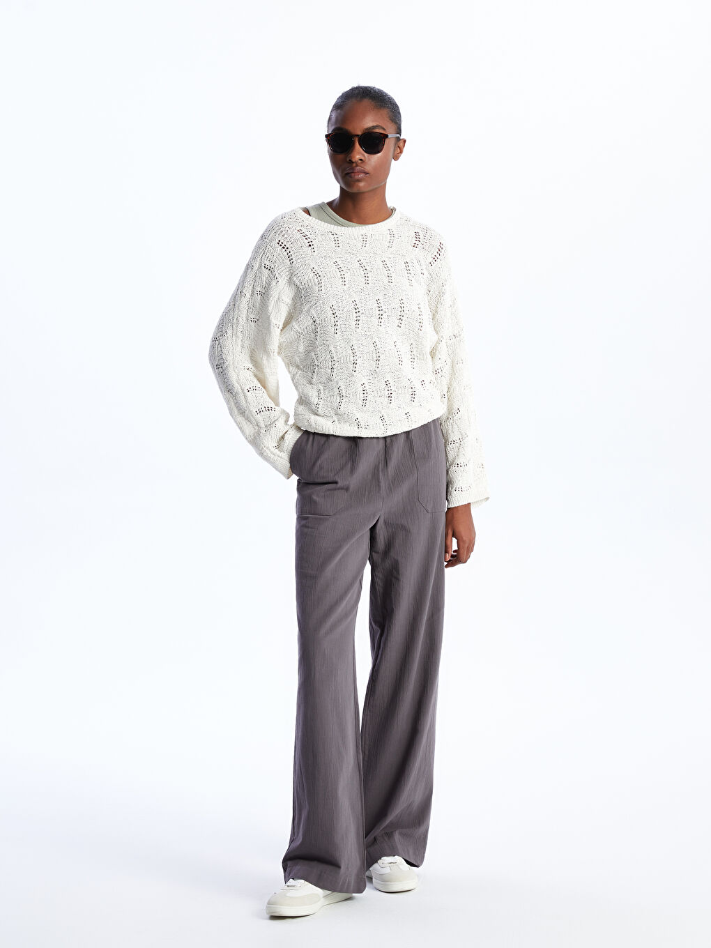 Crew Neck Hole-Knitted Long Sleeve Women's Knitwear Sweater-1