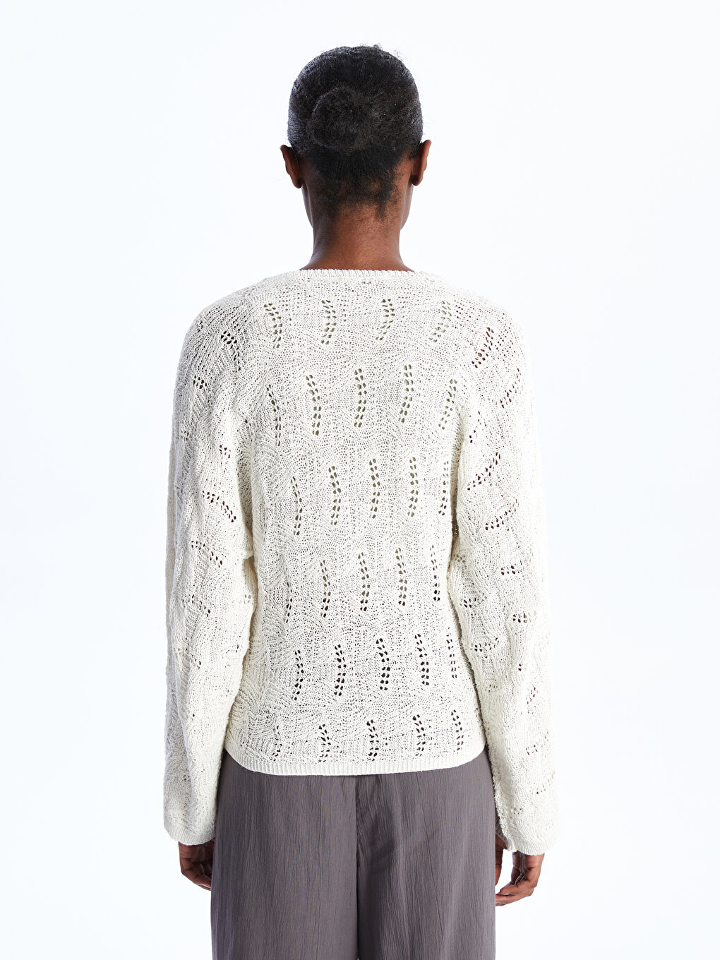 Crew Neck Hole-Knitted Long Sleeve Women's Knitwear Sweater-4