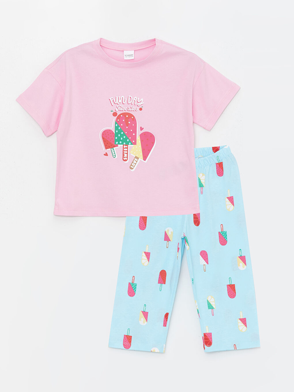 LCW Kids Pembe Leylak Bisiklet Yaka Baskılı Kısa Kollu Kız Çocuk Pijama Takımı