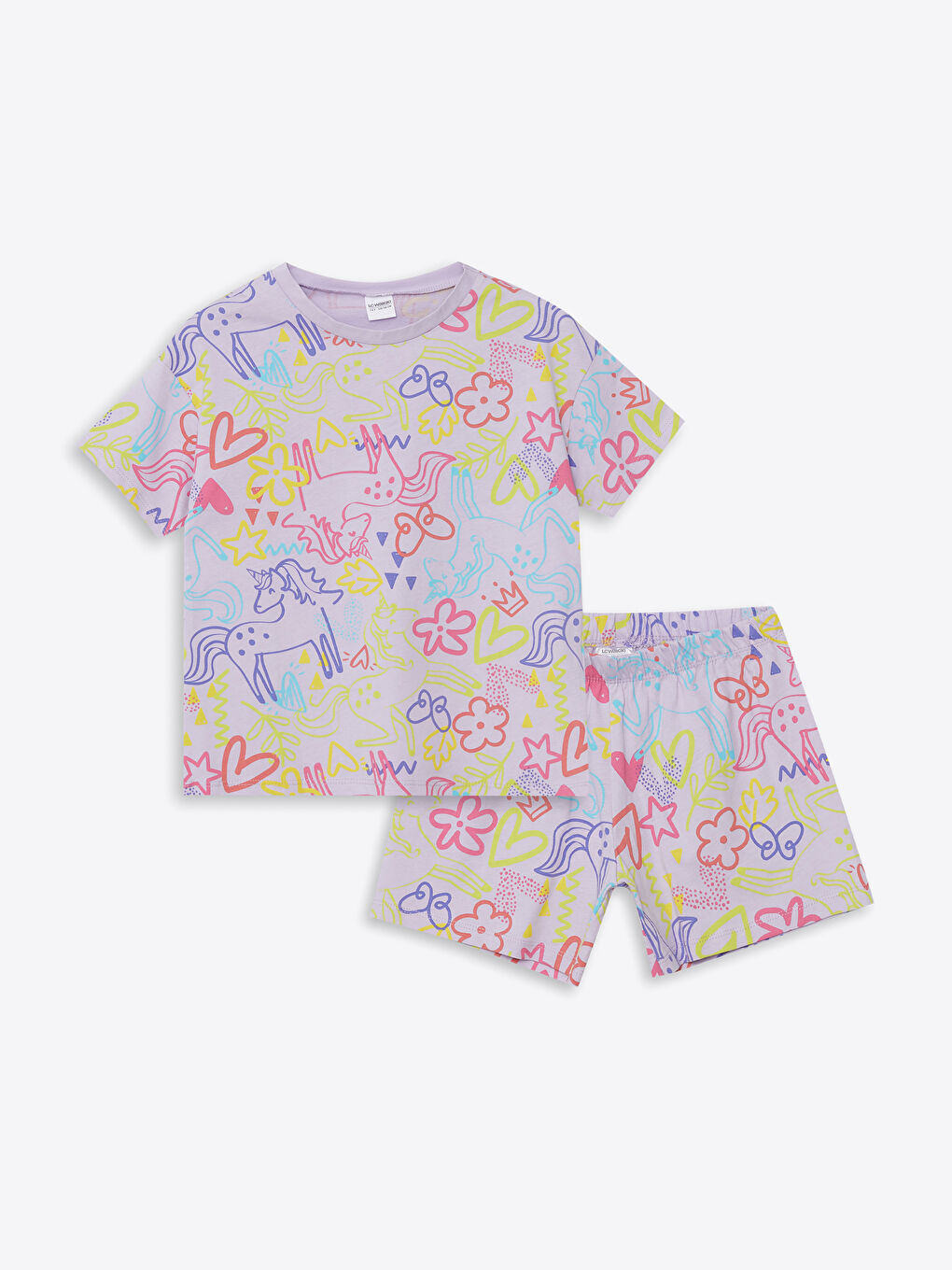 LCW Kids Lila Bisiklet Yaka Baskılı Kısa Kollu Kız Çocuk Şortlu Pijama Takımı