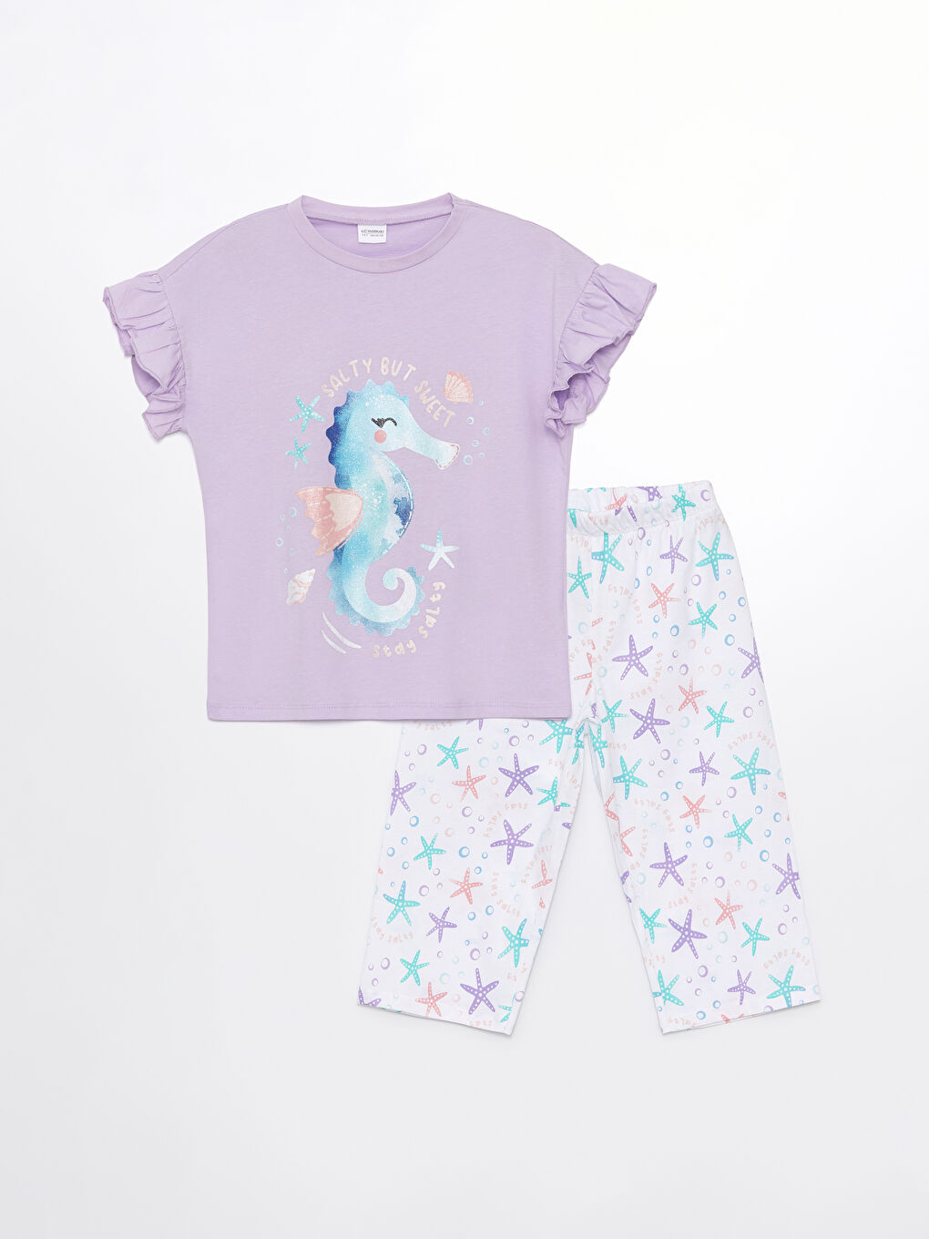 LCW Kids Lila Bisiklet Yaka Baskılı Kısa Kollu Kız Çocuk Pijama Takım