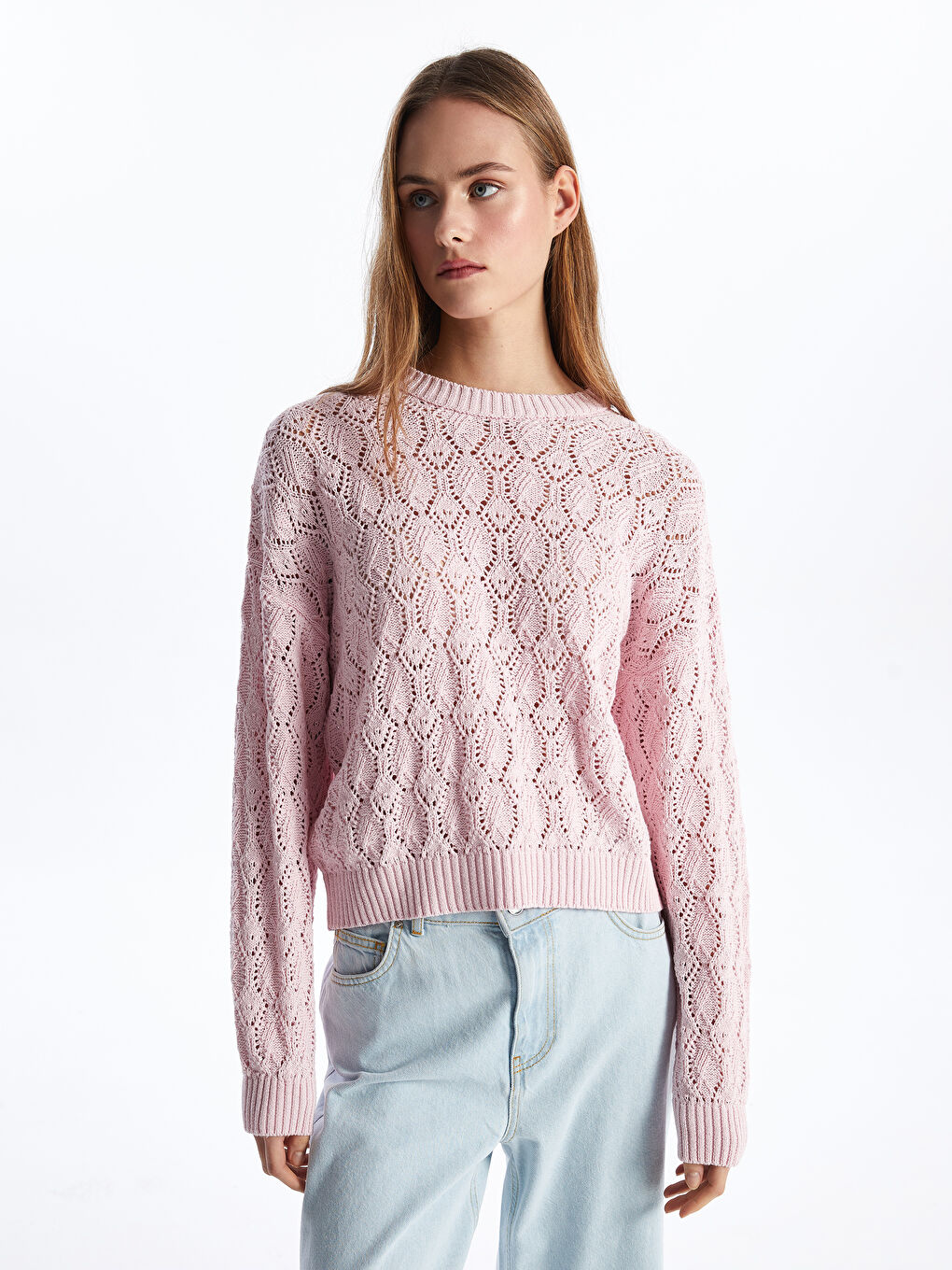 Pembe Bisiklet Yaka Ajurlu Uzun Kollu Oversize Kadın Triko Kazak