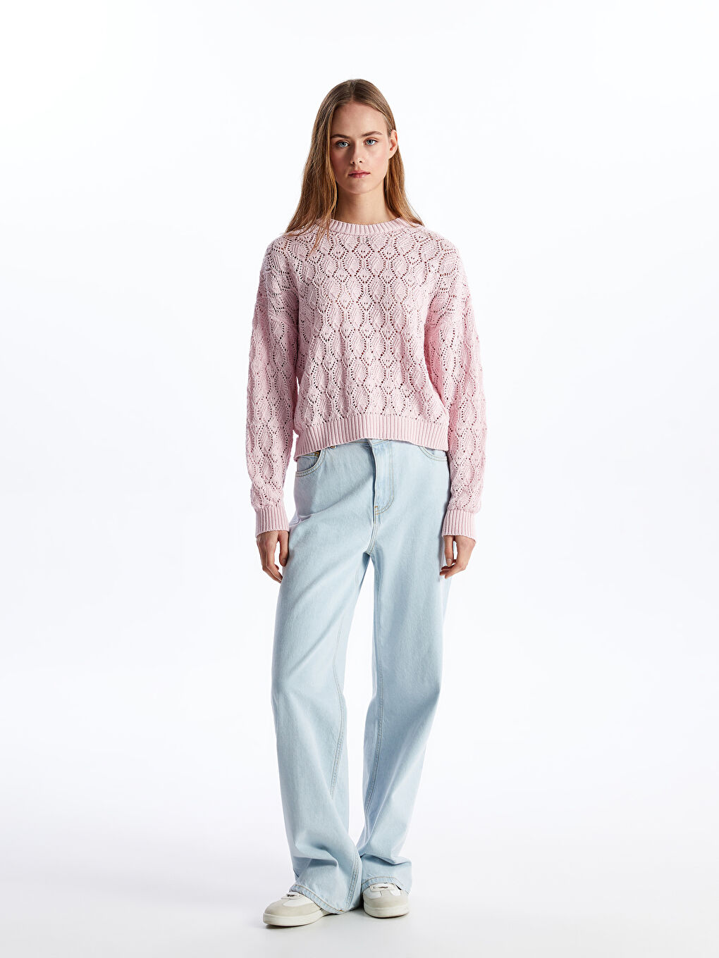 Pembe Bisiklet Yaka Ajurlu Uzun Kollu Oversize Kadın Triko Kazak-1