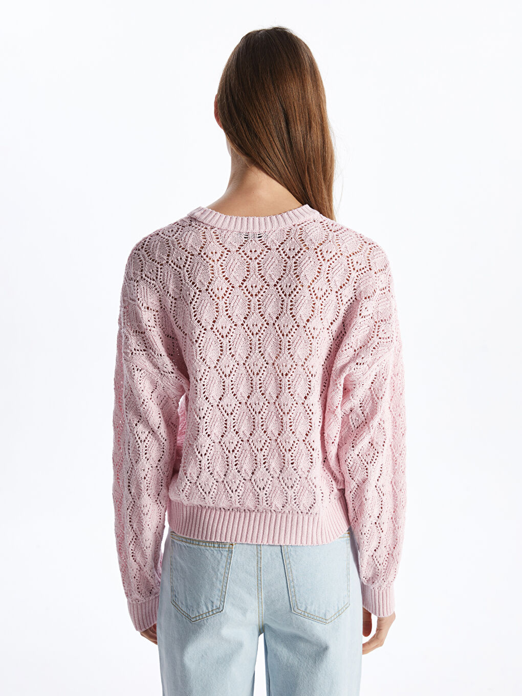 Pembe Bisiklet Yaka Ajurlu Uzun Kollu Oversize Kadın Triko Kazak-4