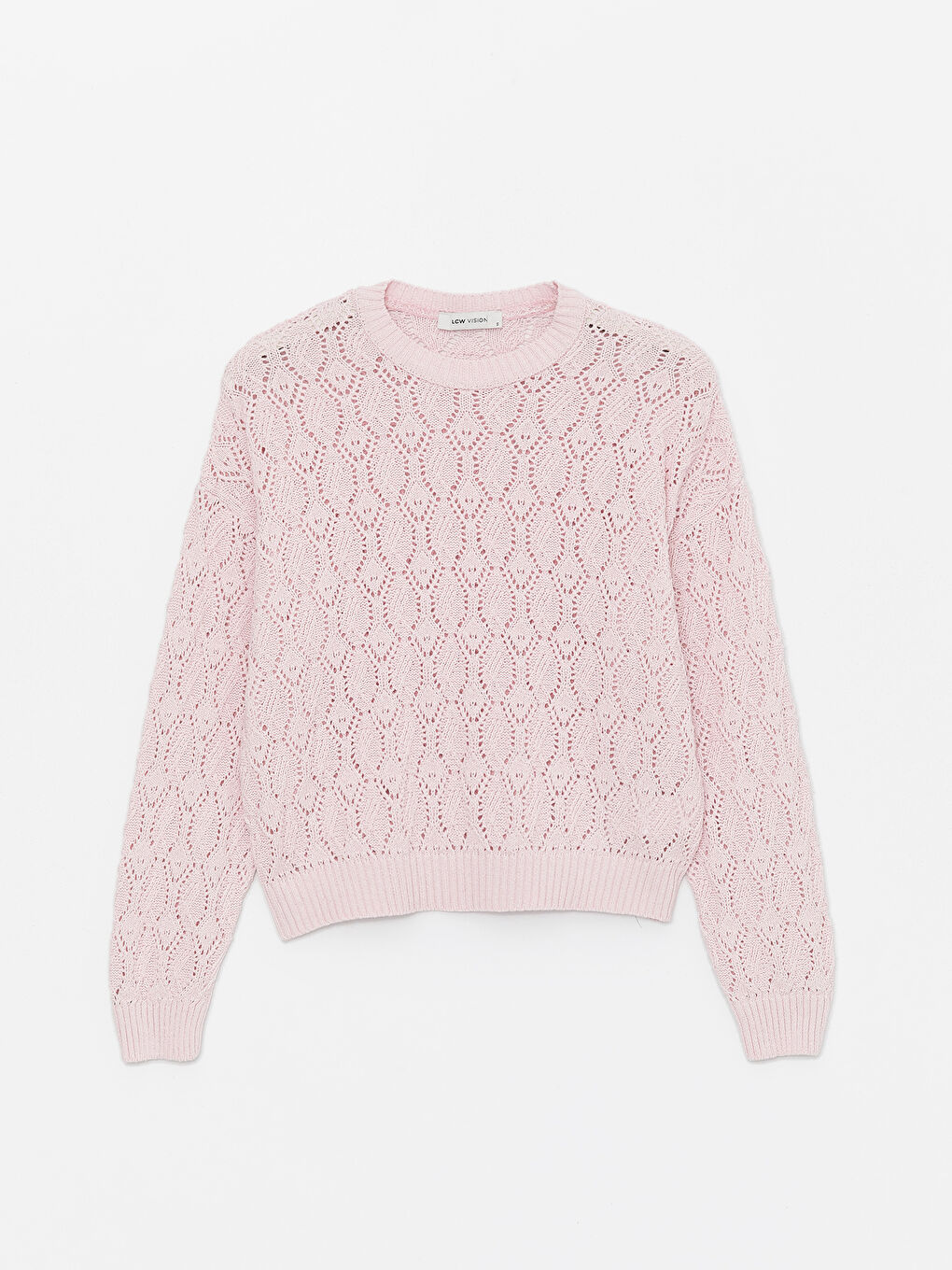 Pembe Bisiklet Yaka Ajurlu Uzun Kollu Oversize Kadın Triko Kazak-5