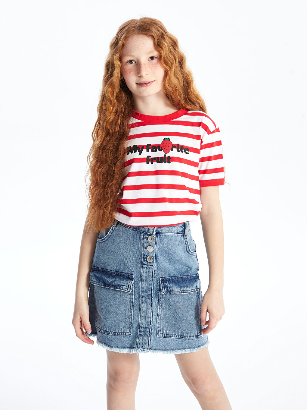 Crew Neck Striped Short-Sleeve Girl's Crop T-Shirt -S4AY81Z4-LJE