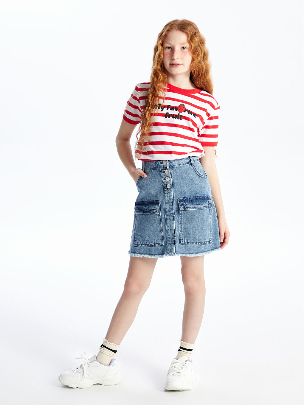 Crew Neck Striped Short-Sleeve Girl's Crop T-Shirt -S4AY81Z4-LJE