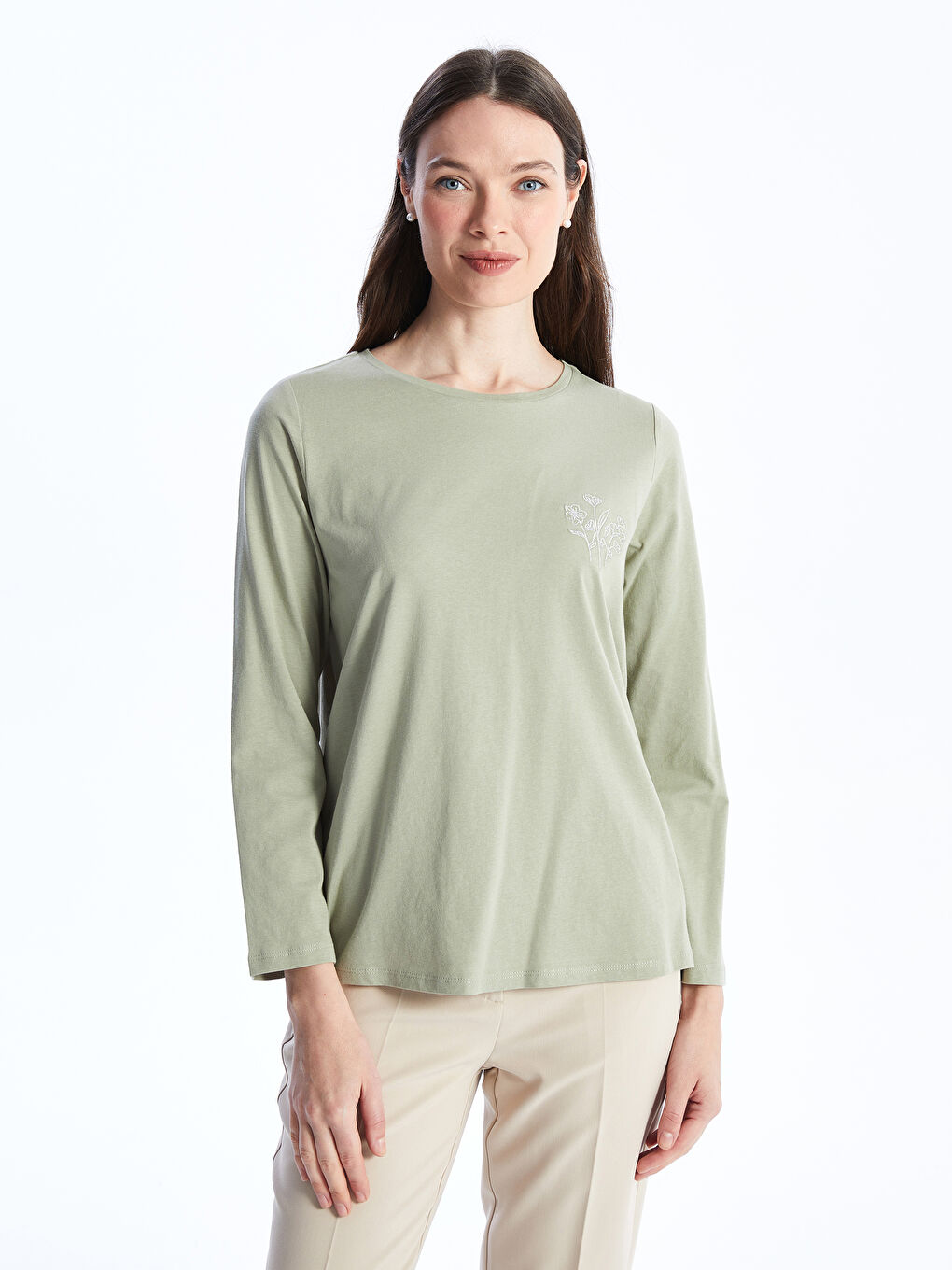 LCW Grace Crew Neck Embroidered Long Sleeve Women's T-Shirt -S4AY93Z8-GGY