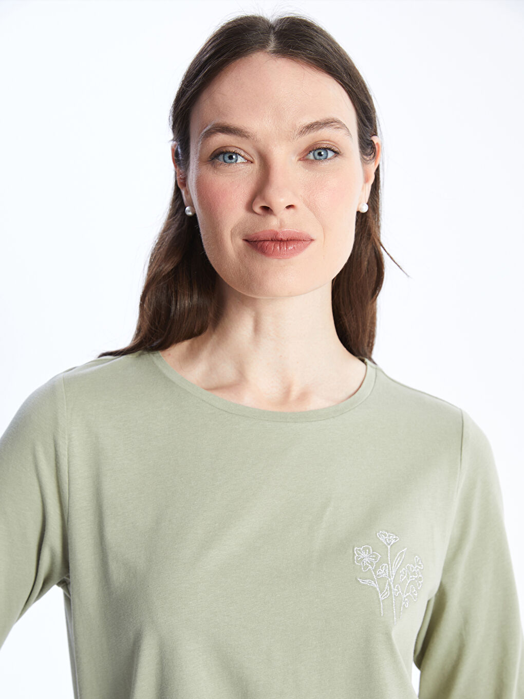 LCW Grace Crew Neck Embroidered Long Sleeve Women's T-Shirt -S4AY93Z8-GGY