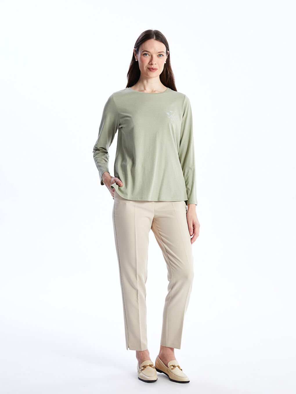 LCW Grace Crew Neck Embroidered Long Sleeve Women's T-Shirt -S4AY93Z8-GGY