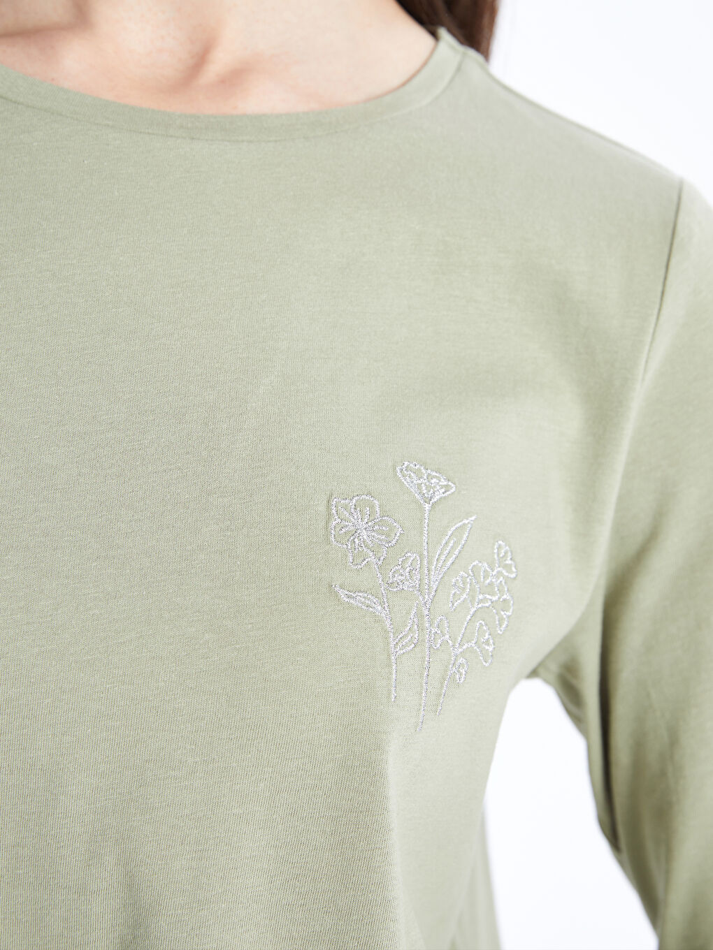LCW Grace Crew Neck Embroidered Long Sleeve Women's T-Shirt -S4AY93Z8-GGY
