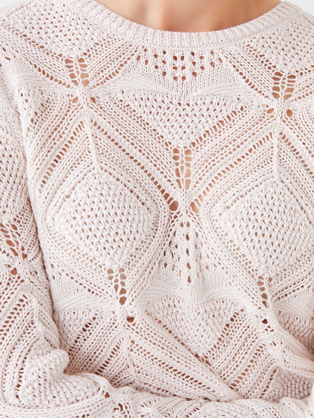 әйелдерге арналған ұзын жең дөңгелек жағалы тесік тоқыма трикотаж жемпір-4