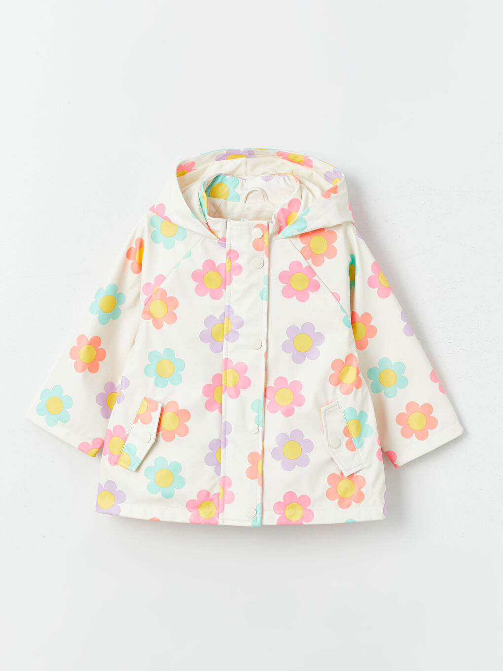 კაპიუშონიანი გრძელმკლავიანი ყვავილოვანი გოგონებისთვის საწვიმარი ქურთუკი