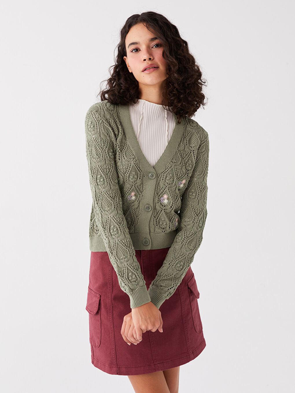 V-Neck Self Patterned Long Sleeve Women's Knitwear Cardigan