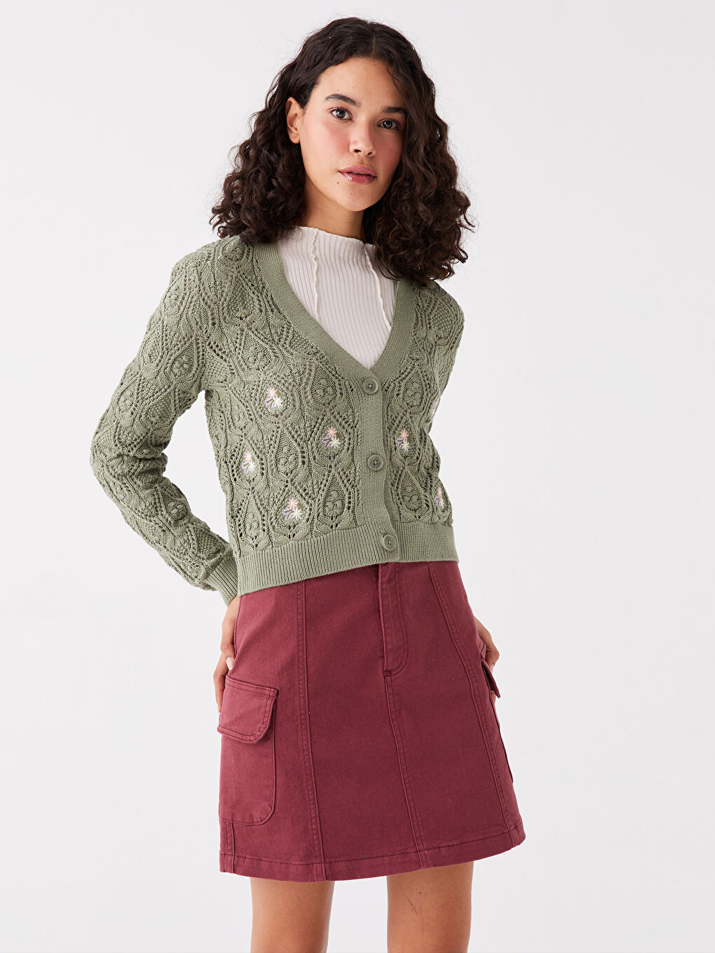 V-Neck Self Patterned Long Sleeve Women's Knitwear Cardigan-1