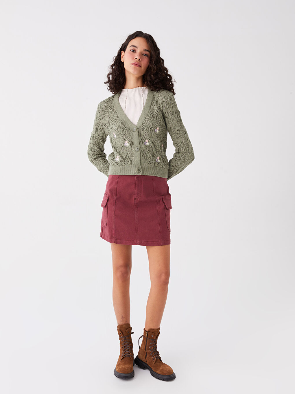 V-Neck Self Patterned Long Sleeve Women's Knitwear Cardigan-2