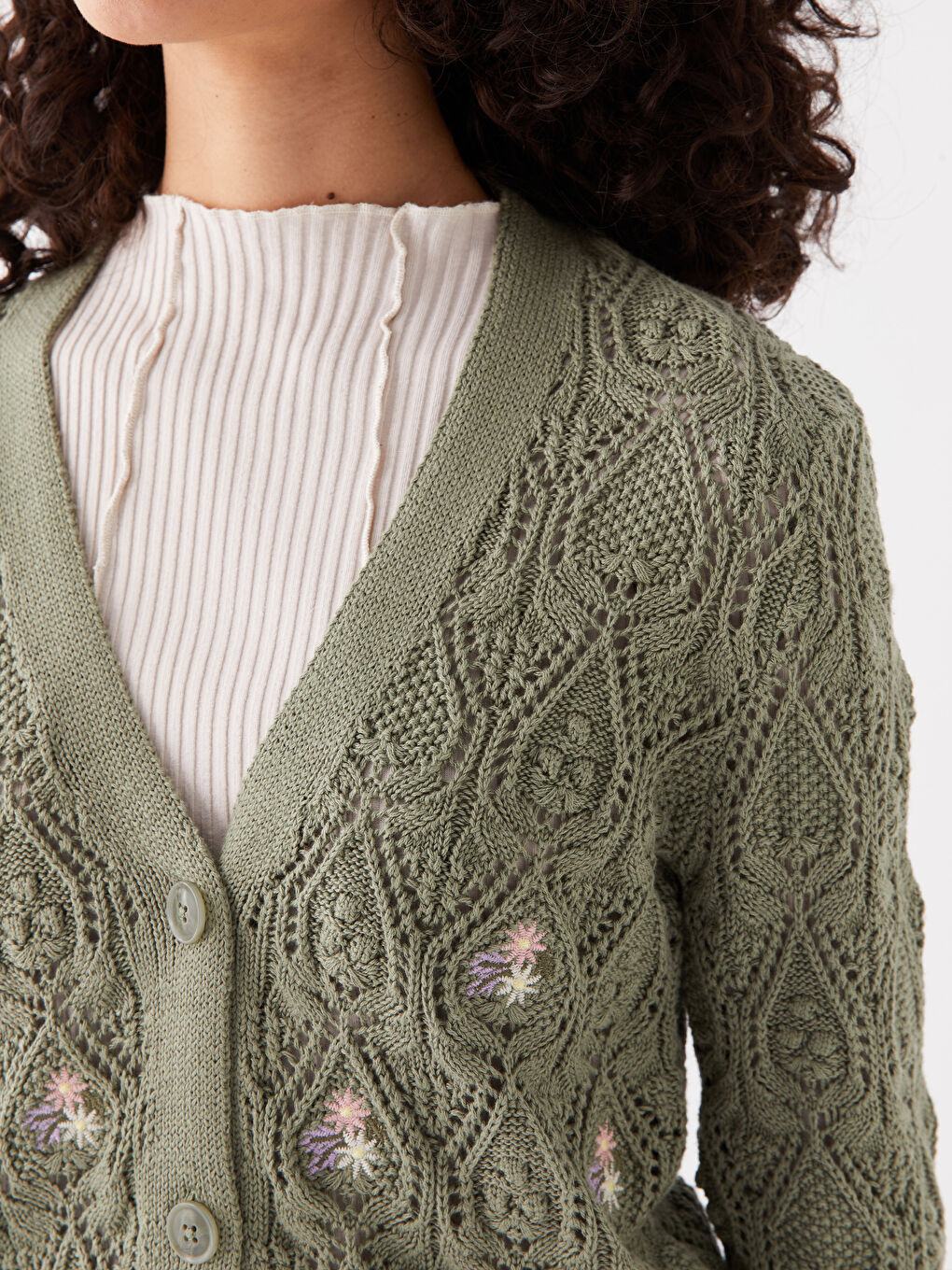 V-Neck Self Patterned Long Sleeve Women's Knitwear Cardigan-3