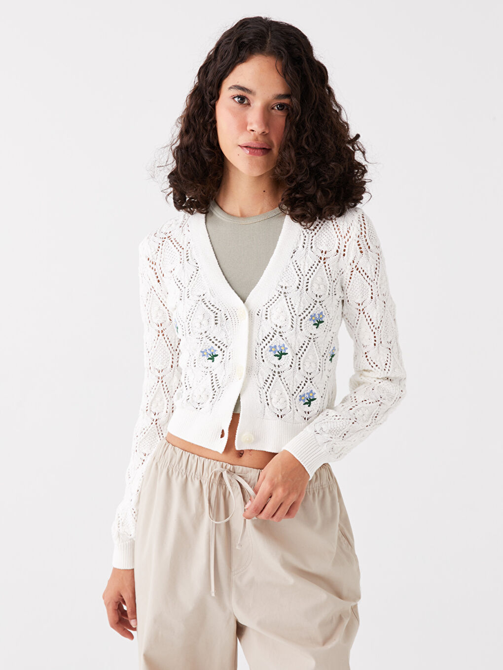 XSIDE V-Neck Self Patterned Long Sleeve Women's Knitwear Cardigan -S4BA55Z8-R9J