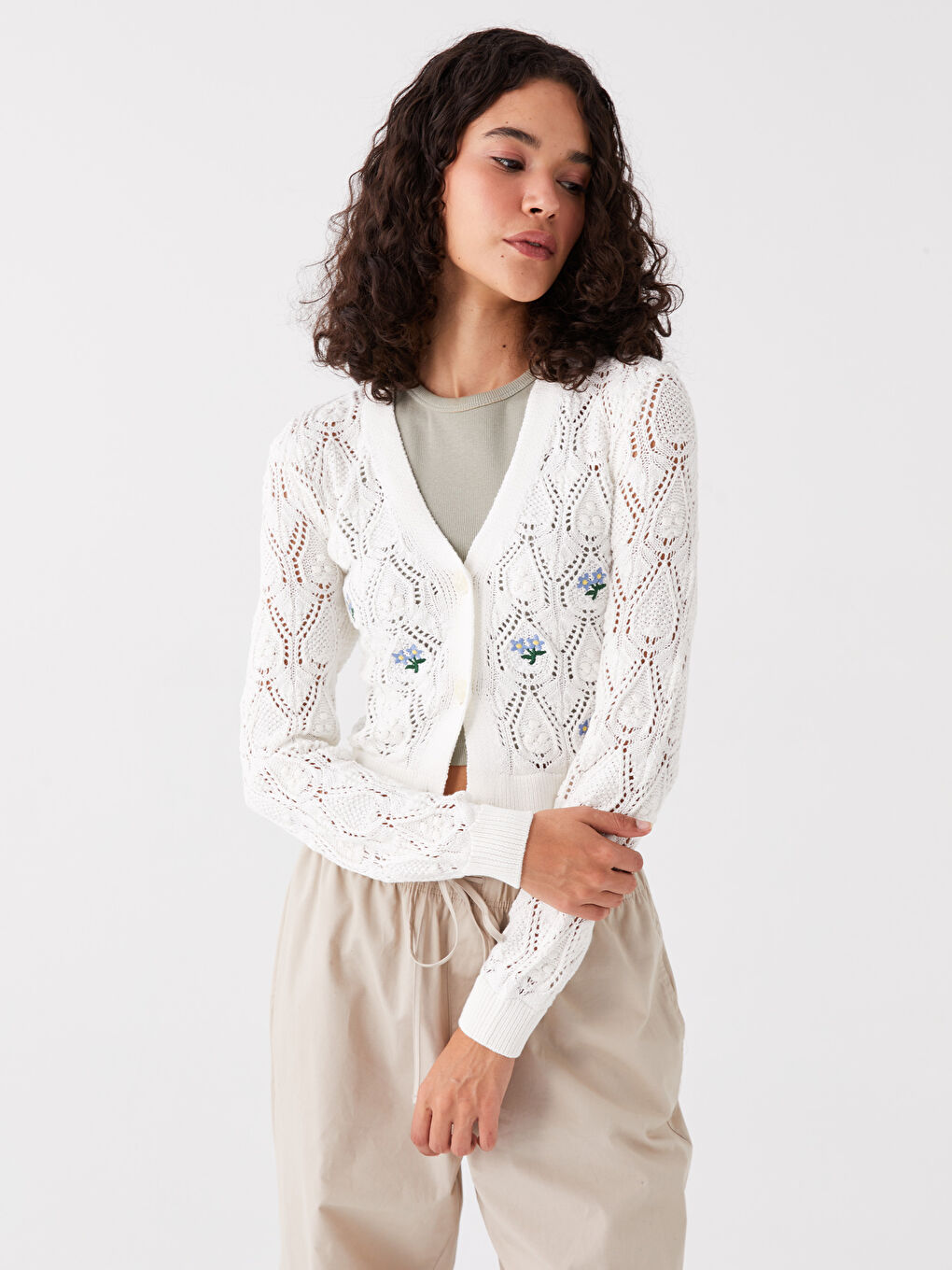 XSIDE V-Neck Self Patterned Long Sleeve Women's Knitwear Cardigan -S4BA55Z8-R9J