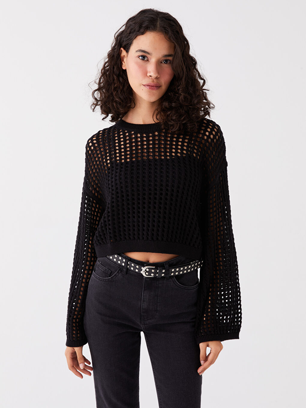 سترة تريكو بياقة دائرية بنقشة ذاتية وكم طويل للسيدات-1