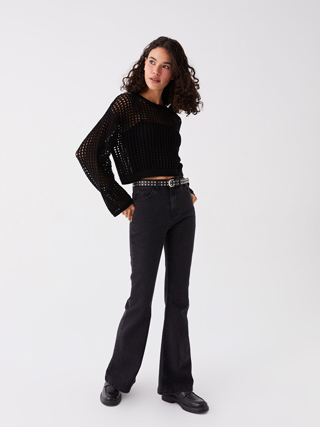 سترة تريكو بياقة دائرية بنقشة ذاتية وكم طويل للسيدات-2