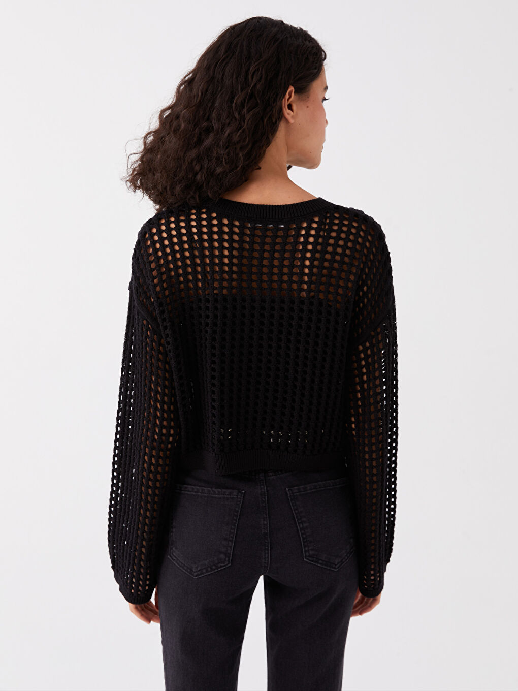 سترة تريكو بياقة دائرية بنقشة ذاتية وكم طويل للسيدات-4