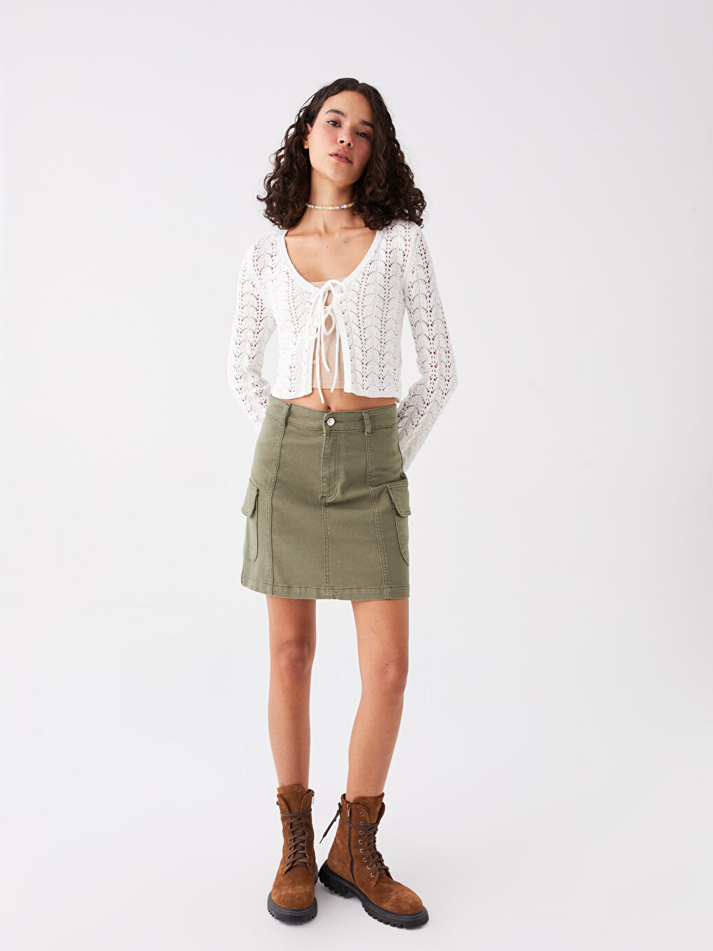 كارديجان تريكو للسيدات بفتحة رقبة على شكل حرف V وكم طويل ومحبوك بثقوب ومحصول-2