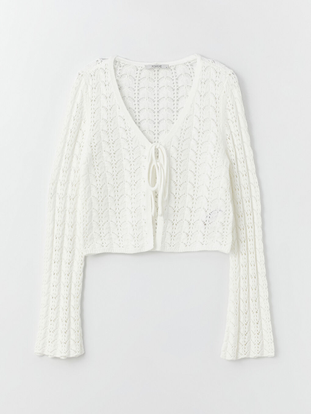 كارديجان تريكو للسيدات بفتحة رقبة على شكل حرف V وكم طويل ومحبوك بثقوب ومحصول-5