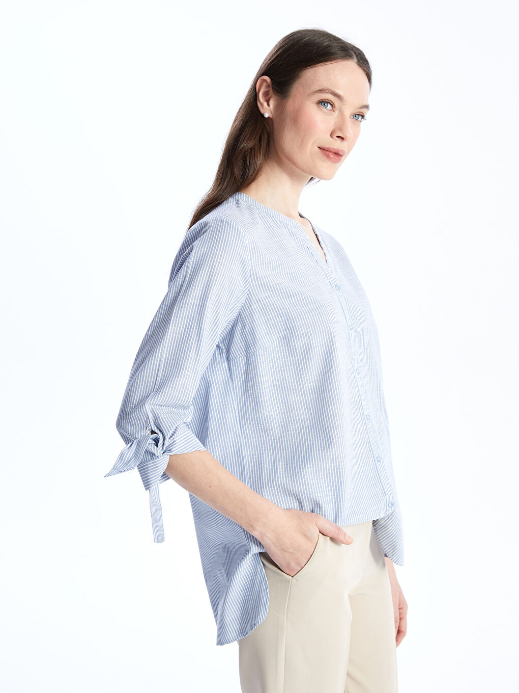 LCW Grace Notch Neck Striped Women's Shirt -S4BA62Z8-LEN